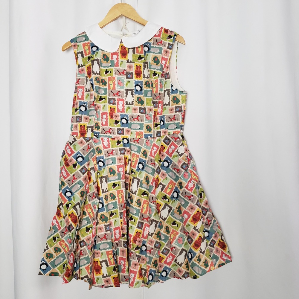Tulip B Size L Dress Graphic print Animal Postage Stamp Peter Pan Collar